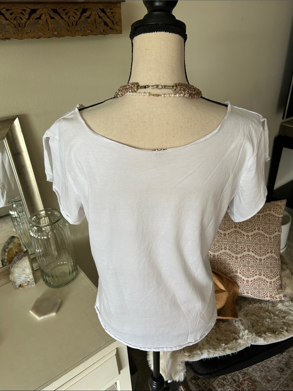 Zoe white cotton Y2K tourist Greece Santorini bedazzled top L - Picture 6 of 10